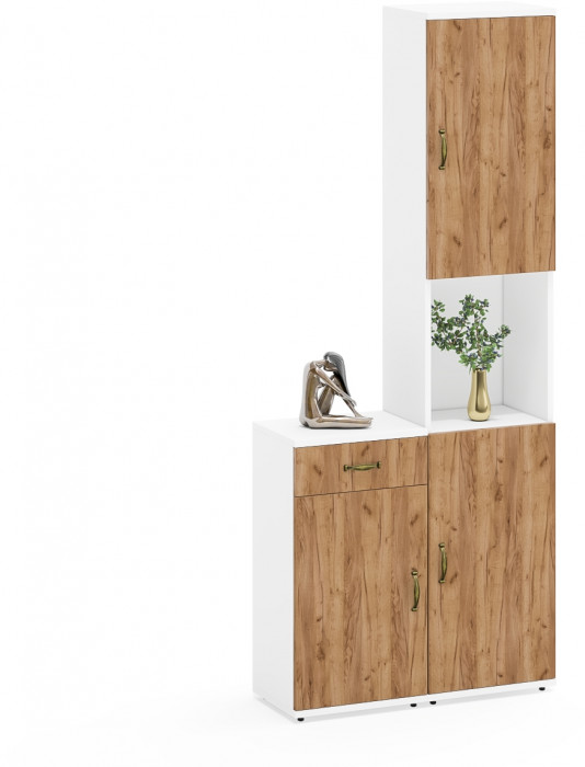 Лидер-8 Пенал + Тумба МД 3.15, цвет белый шагрень/крафт золото, ШхГхВ 80х30х190 см., универсальная сборка