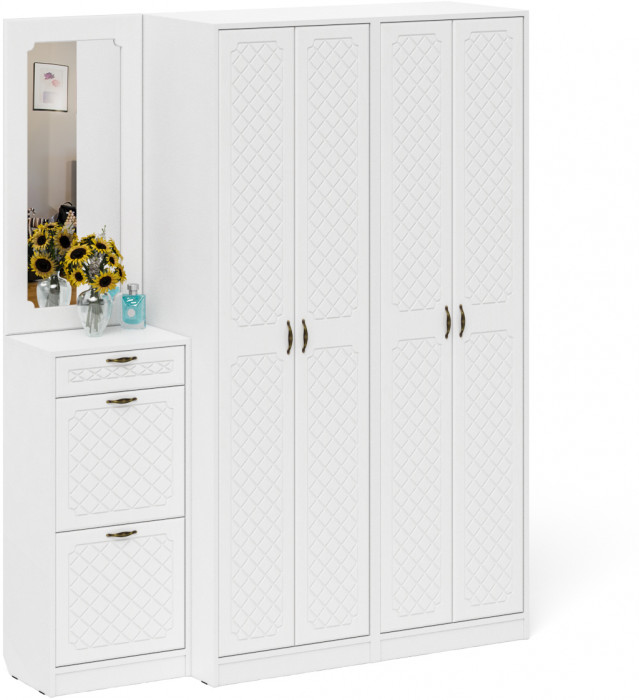 Прихожая П-6 Компоновка № 14, белая шагрень/фасады МДФ белое дерево фрезеровка ромб