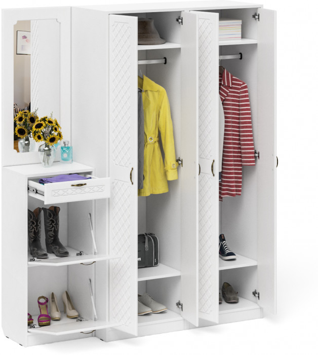 Прихожая П-6 Компоновка № 14, белая шагрень/фасады МДФ белое дерево фрезеровка ромб