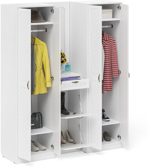 Прихожая П-6 Компоновка № 14, белая шагрень/фасады МДФ белое дерево фрезеровка ромб