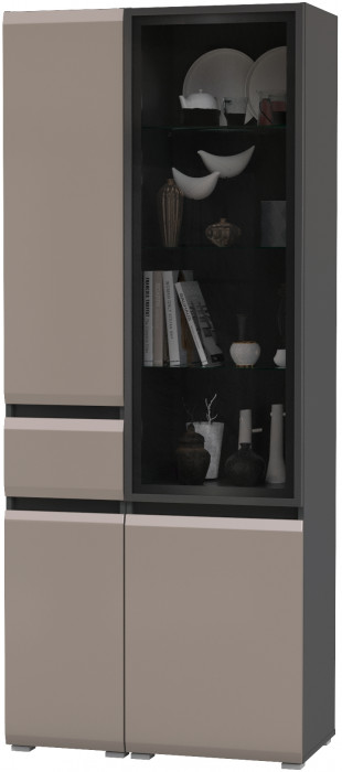 Сидней 13.202 Шкаф с ящиком + Шкаф-витрина 13.201, корпус: антрацит/фасады: МДФ веллюто капучино/стекло