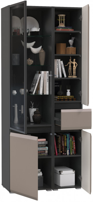 Сидней 13.202 Шкаф с ящиком + Шкаф-витрина 13.201, корпус: антрацит/фасады: МДФ веллюто капучино/стекло
