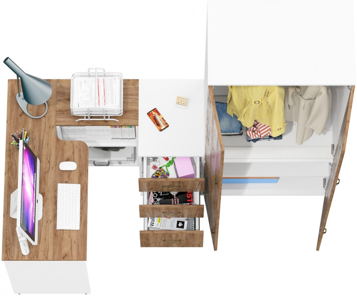 Лидер-8 Стол + Тумба МД 3.16 + Шкаф МД 19Б, цвет белый шагрень/крафт золото, ШхГхВ 285х50/50х75/190 или 115х200/50х75/190 см., НЕ ун. сборка