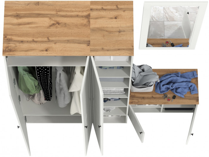 Остин Прихожая 42, цвет белый шагрень/дуб крафт золотой, ШхГхВ 200х54,3х229,6 см., универсальная сборка