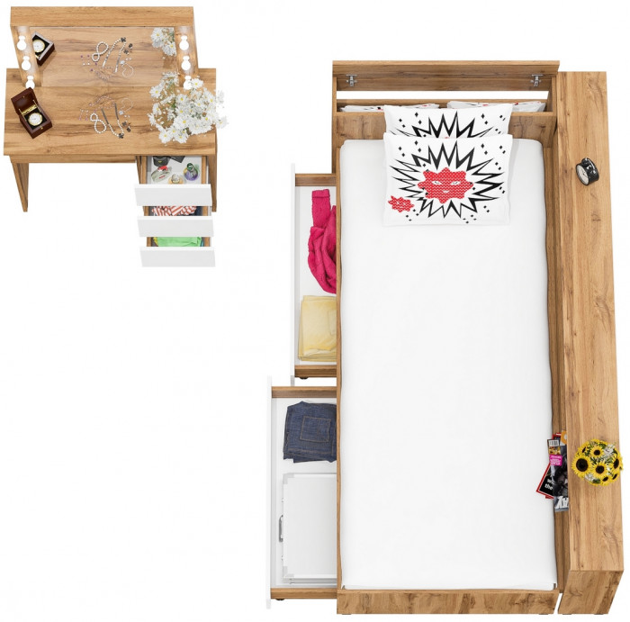 Ксения Кровать с ящиками 0900 + прикроватный блок + Столик с подсветкой Сура, дуб вотан/белый