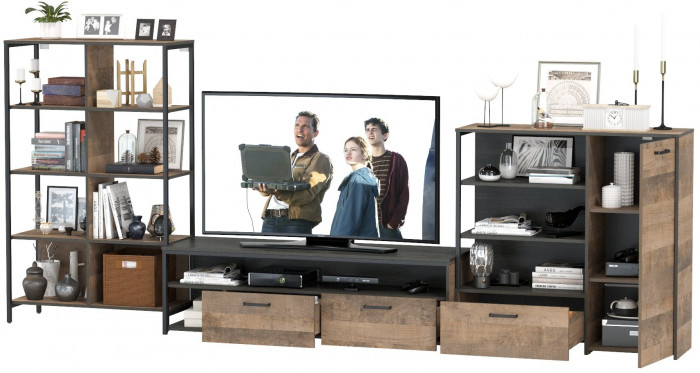 Трувор Гостиная 044, цвет дуб гранж песочный/интра, ШхГхВ 348,8х45,4х146 см., универсальная сборка