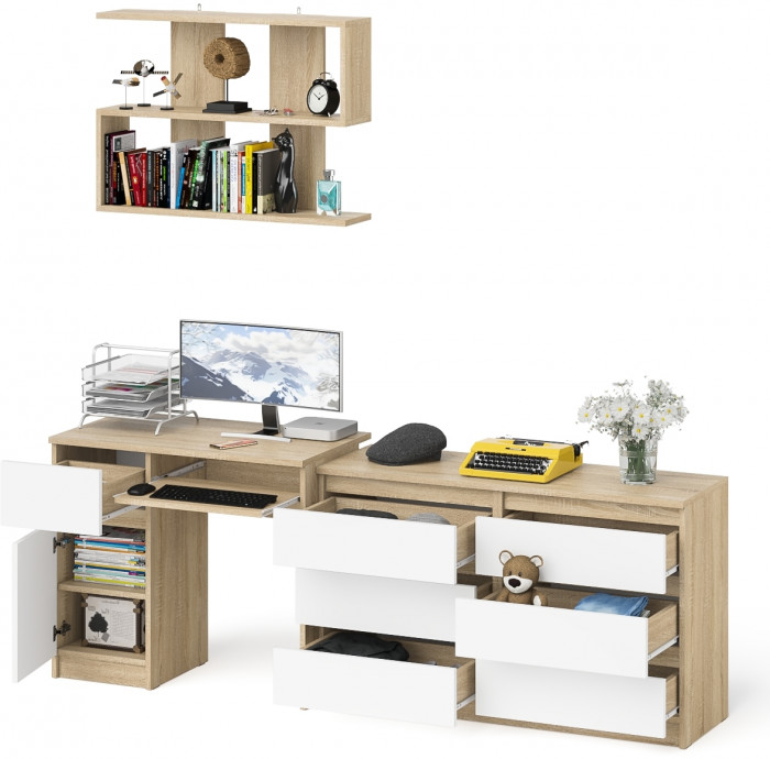 Мори Стол компьютерный МС-1 левый + Комод МК1200.6 + Полка 900, цвет дуб сонома/белый, ШхГхВ 210,4х50х209,6 см., НЕ универсальная сборка