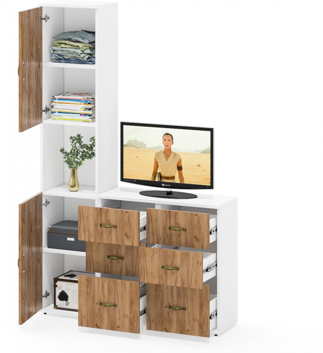 Лидер-8 Пенал + Тумба МД 3.16 + Тумба МД 3.16, цвет белый шагрень/крафт золото, ШхГхВ 120х50х190 см., универсальная сборка