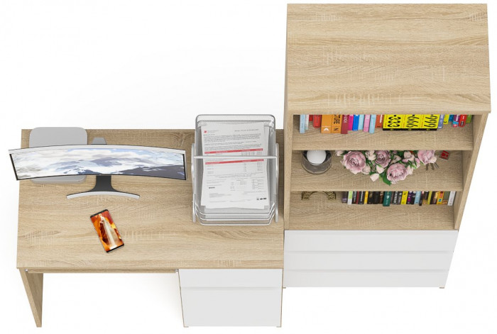 Мори Стол компьютерный МС-1 правый + Стеллаж МСТ600.3, цвет дуб сонома/белый, ШхГхВ 150,4х50х179,6 см., выдвижной ящик справа, НЕ универсальная сборка