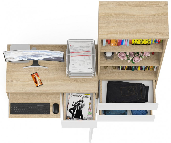 Мори Стол компьютерный МС-1 правый + Стеллаж МСТ600.3, цвет дуб сонома/белый, ШхГхВ 150,4х50х179,6 см., выдвижной ящик справа, НЕ универсальная сборка