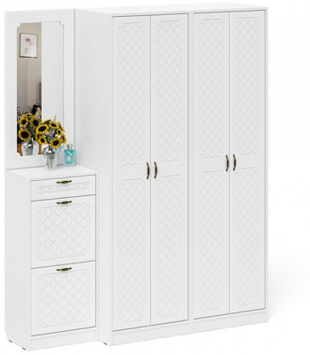 Прихожая П-6 Компоновка № 14, цвет белая шагрень/фасады МДФ белое дерево фрезеровка ромб, ШхГхВ 170х50х210 см., универсальная сборка