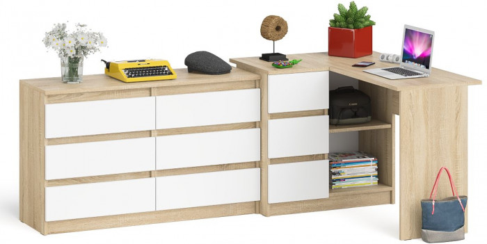 Мори Стол компьютерный МС-16 левый + Комод МК1200.6, цвет дуб сонома/белый, ШхГхВ 244,8х84,9х76,6 см., выдвижные ящики слев, НЕ универсальная сборкаа