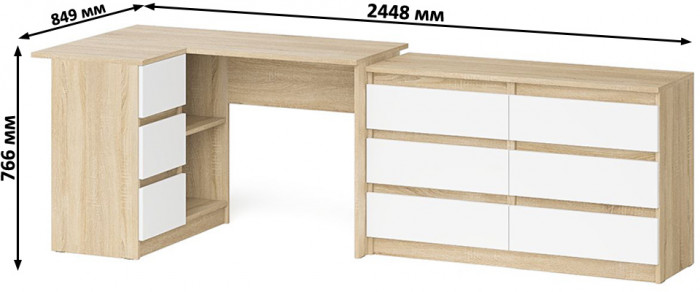 Мори Стол компьютерный МС-16 левый + Комод МК1200.6, цвет дуб сонома/белый, ШхГхВ 244,8х84,9х76,6 см., выдвижные ящики слев, НЕ универсальная сборкаа