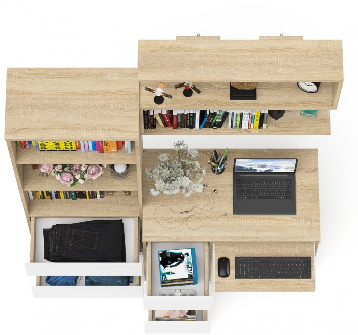 Мори Стол компьютерный МС-6 левый + Стеллаж МСТ600.3 + Полка 900, цвет дуб сонома/белый, ШхГхВ 150,4х50х209,6 см., НЕ универсальная сборка