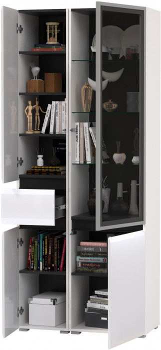 Сидней 13.202 Шкаф с ящиком + Шкаф-витрина 13.201, корпус: белый/чёрный/фасады: МДФ белый глянец/стекло