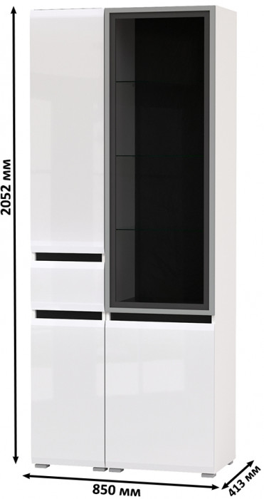 Сидней 13.202 Шкаф с ящиком + Шкаф-витрина 13.201, корпус: белый/чёрный/фасады: МДФ белый глянец/стекло