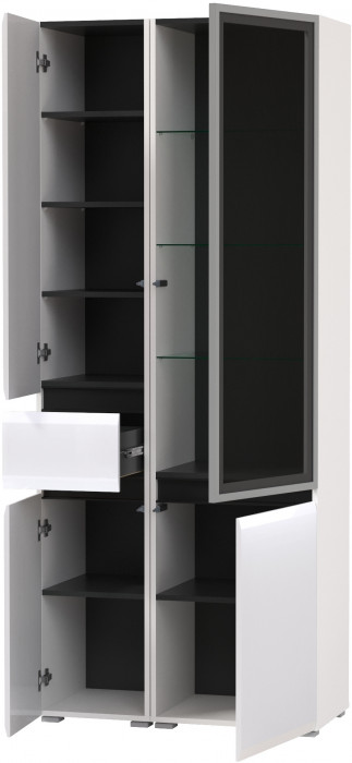 Сидней 13.202 Шкаф с ящиком + Шкаф-витрина 13.201, корпус: белый/чёрный/фасады: МДФ белый глянец/стекло