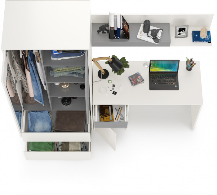 Торонто 12.149 Стол + 13.333 Шкаф для одежды + 16.475 Полка, белый шагрень/стальной серый