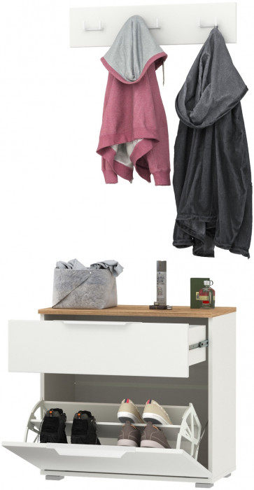 Октава 16.127 Тумба для обуви + 15.14.02 Вешалка, цвет белый шагрень/дуб крафт золотой/фасады МДФ белый шагрень, ШхГхВ 64,9х35,4х180 см.