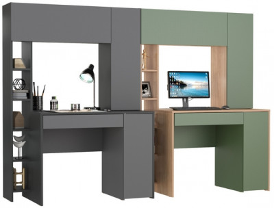 Два стола компьютерных Комфорт 12.71, цвет антрацит/тёмно-серый/гикори рокфорд натуральный/дымчатый зелёный, ШхГхВ 233,4х60,2х165,4 см., НЕ ун. сб.
