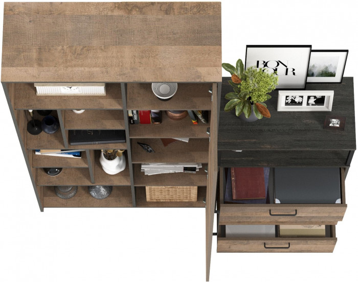 Трувор 13.206 Шкаф-стеллаж + 13.307.02 Комод с ящиками, цвет дуб гранж песочный/интра, ШхГхВ 159х37х194,2 см., универсальная сборка