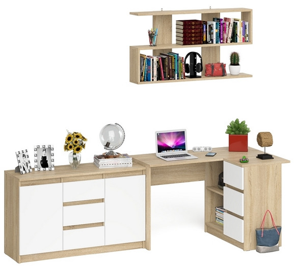 Мори компьютерный стол МС-16 правый + Комод МК1200.3 + Полка 1200, дуб сонома/белый