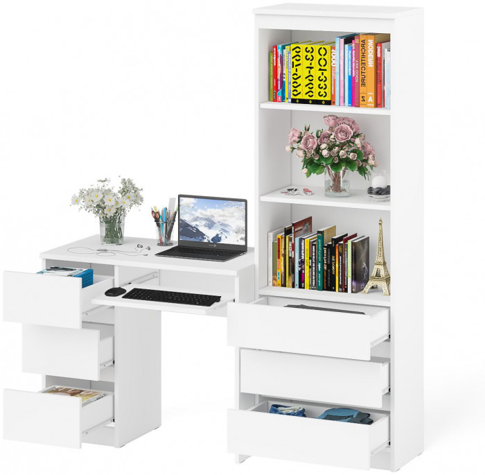Мори Стол компьютерный МС-6 левый + Стеллаж МСТ600.3, цвет белый, ШхГхВ 150,4х50х179,6 см., выдвижные ящики слева, НЕ универсальная сборка