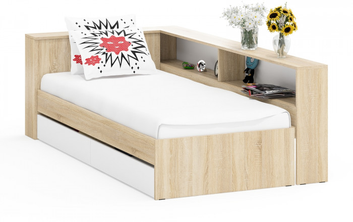 Ксения Кровать с ящиками 0900 + прикроватный блок, дуб сонома/белый