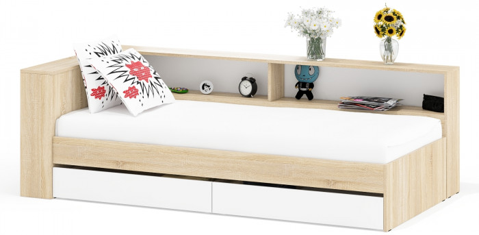 Ксения Кровать с ящиками 0900 + прикроватный блок, дуб сонома/белый