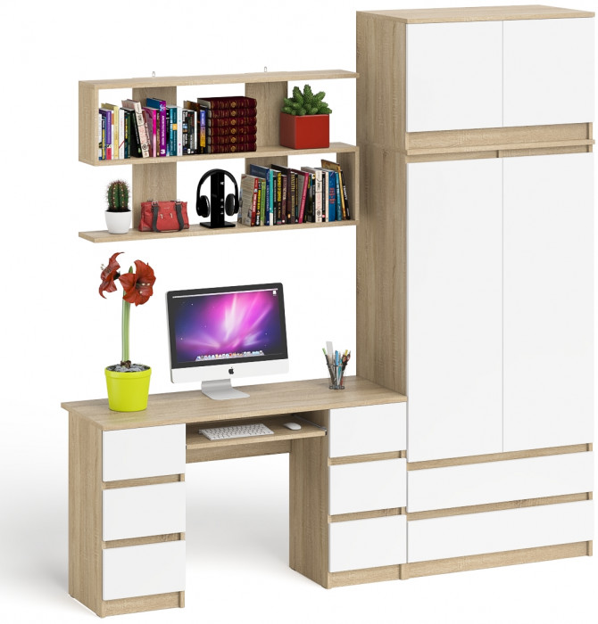 Мори компьютерный стол МС-2 + Шкаф МШ900.1 + Антресоль МА900.1 + Полка 1200, дуб сонома/белый