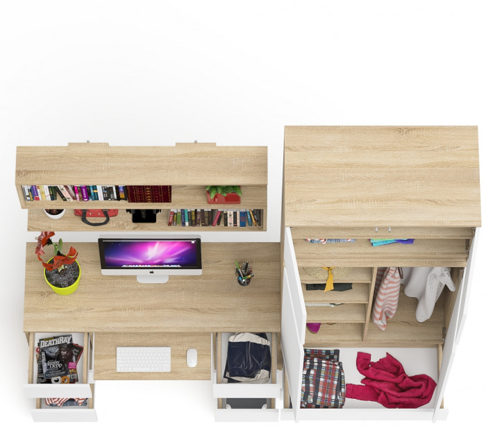 Мори компьютерный стол МС-2 + Шкаф МШ900.1 + Антресоль МА900.1 + Полка 1200, дуб сонома/белый