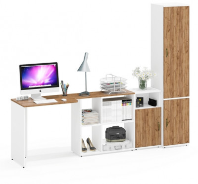 Лидер-8 Стол + Тумба МД 3.19 + Пенал МД 21Б, цвет белый шагрень/крафт золото, ШхГхВ 245х50/37,5х75/190 или 115х160/50х75/190 см., НЕ ун. сборка