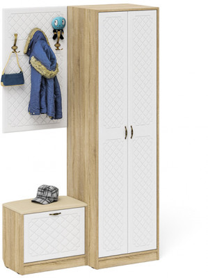 Прихожая П-6 Компоновка № 12, цвет дуб сонома/фасады МДФ белое дерево фрезеровка ромб, ШхГхВ 120х50х210 см., универсальная сборка