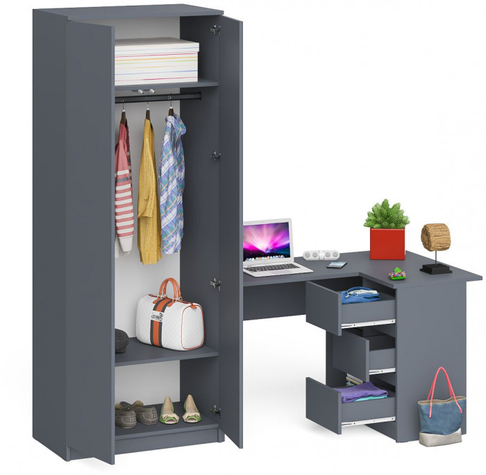 Мори Стол компьютерный МС-16 правый + Шкаф МШ800.1, цвет графит, ШхГхВ 204,8х84,9х209,6 см., выдвижные ящики справа, НЕ универсальная сборка