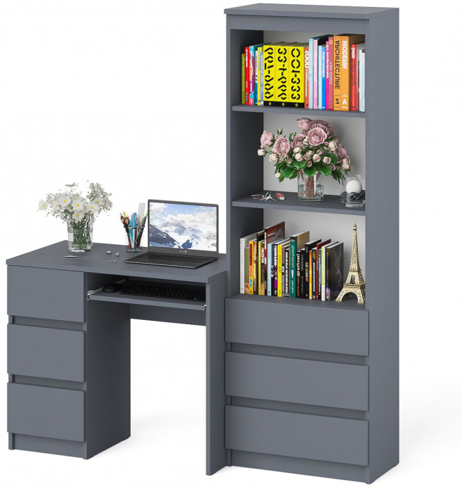 Мори Стол компьютерный МС-6 левый + Стеллаж МСТ600.3, цвет графит, ШхГхВ 150,4х50х179,6 см., выдвижные ящики слева, НЕ универсальная сборка