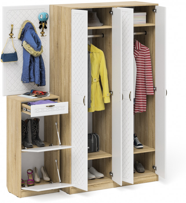 Прихожая П-6 Компоновка № 15, дуб сонома/фасады МДФ белое дерево фрезеровка ромб