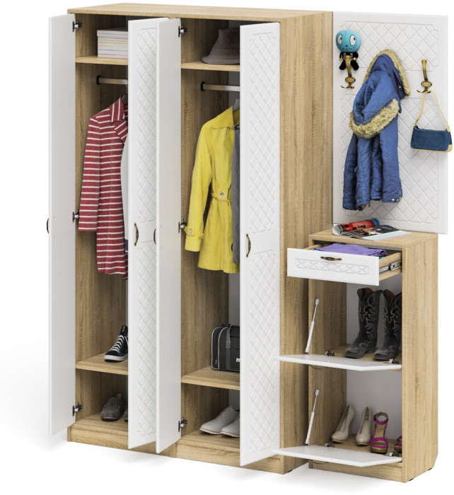 Прихожая П-6 Компоновка № 15, дуб сонома/фасады МДФ белое дерево фрезеровка ромб