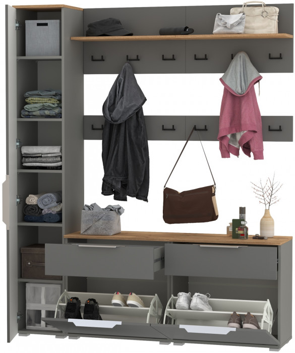 Октава Прихожая 34, цвет серый графит/дуб крафт золотой/фасады МДФ серый графит, ШхГхВ 162х35,4х197,6 см., универсальная сборка