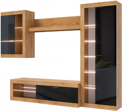 Прага Модульная Гостиная, вариант №5, Дуб Вотан/Черный глянец