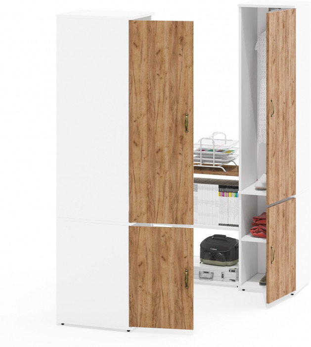 Лидер-8 Пенал МД 23Б + Стол + Пенал 21Б, цвет белый шагрень/крафт золото, ШхГхВ 245х50/37,5х75/190 или 155х120/50х75/190 см., НЕ универсальная сборка