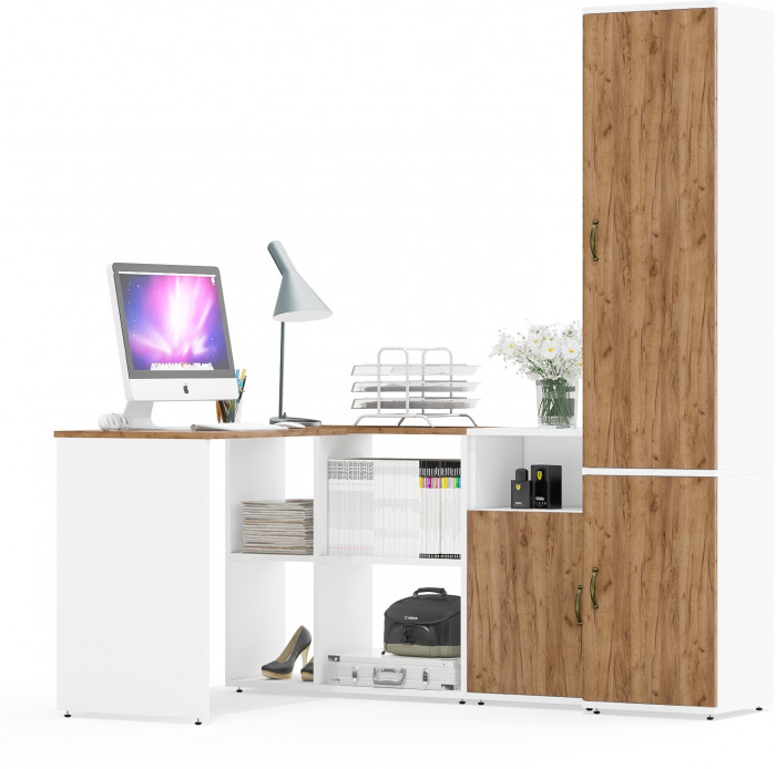 Лидер-8 Стол + Тумба МД 3.19 + Пенал МД 22Б, цвет белый шагрень/крафт золото, ШхГхВ 245х50/37,5х75/190 или 115х160/50х75/190 см., НЕ ун. сборка