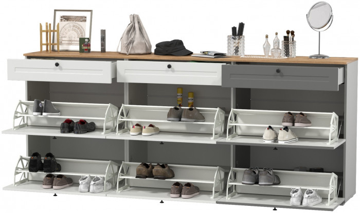 Остин 16.121 Тумба для обуви + 16.121 Тумба для обуви + 16.121 Тумба для обуви, цвет белый шагрень/дуб крафт золотой, ШхГхВ 240х41,6х99,3 см.