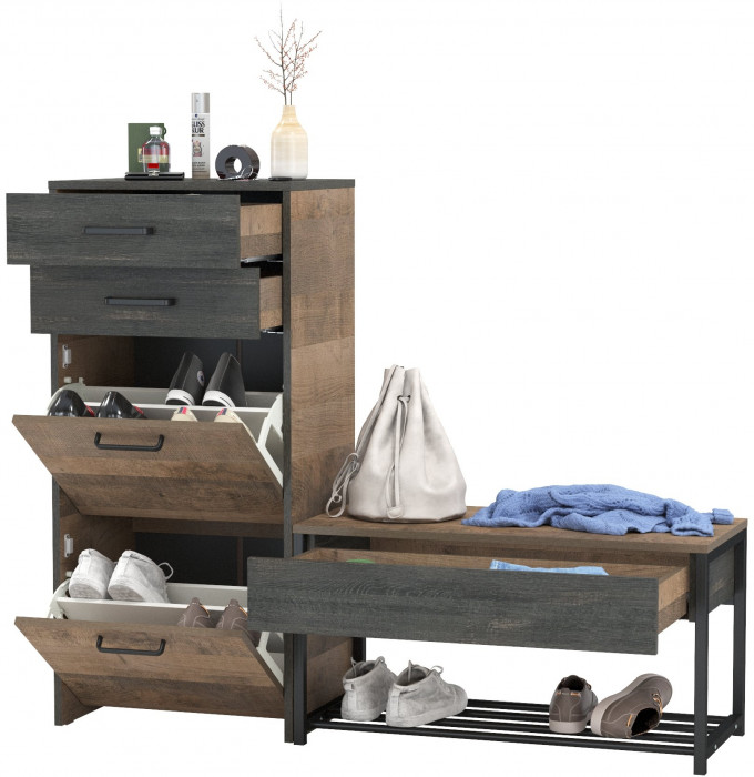 Трувор 13.241.03 Тумба для обуви + 13.241.06 Тумба для обуви, цвет дуб гранж песочный/интра, ШхГхВ 130х37х106,9 см., универсальная сборка