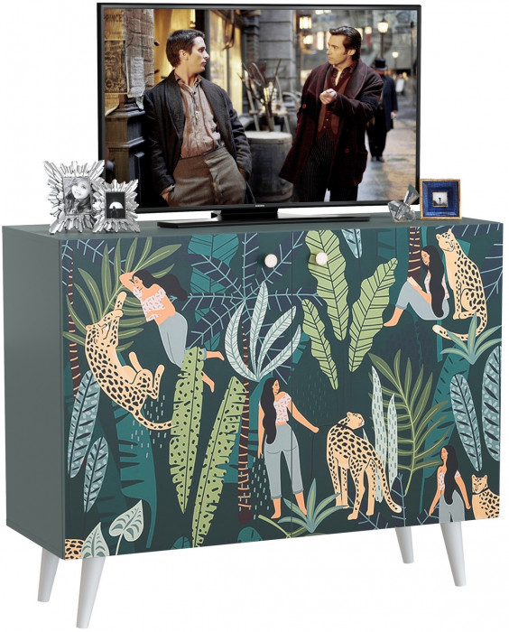 Либера Комод-тумба 16.230.01, цвет пасифай/белый, ШхГхВ 115,3х42,6х92,3 см., фасады с рисунком Тропический лес, две дверки
