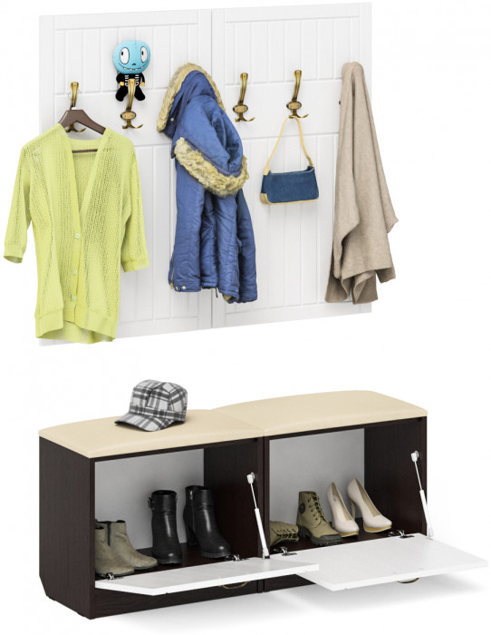 Прихожая П-6 Компоновка № 01, цвет венге/фасады МДФ белое дерево фрезеровка прованс, ШхГхВ 120х35х200 см.