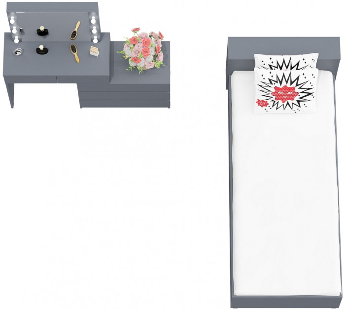 Ксения Кровать с ящиками 0900 + Стол косметический с подсветкой 110, графит