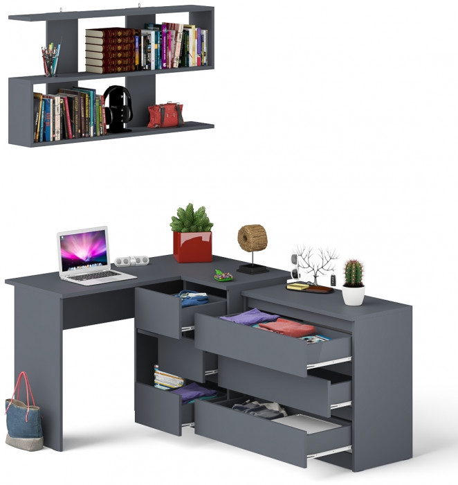 Мори компьютерный стол МС-16 правый + Комод МК800.1 + Полка 1200, графит