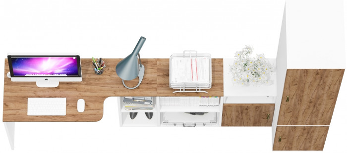Лидер-8 Стол + Тумба МД 3.19 + Пенал МД 23Б, цвет белый шагрень/крафт золото, ШхГхВ 245х50х75/190 или 155х120/50х75/190 см., НЕ ун. сборка