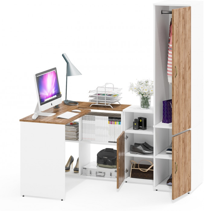 Лидер-8 Стол + Тумба МД 3.19 + Пенал МД 23Б, цвет белый шагрень/крафт золото, ШхГхВ 245х50х75/190 или 155х120/50х75/190 см., НЕ ун. сборка