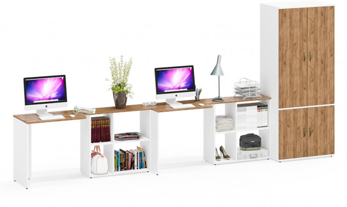 Лидер-8 Стол + Стол + Шкаф МД 19Б, белый шагрень/крафт золото